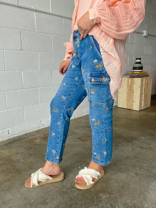 Floral Embroidered Denim Jeans