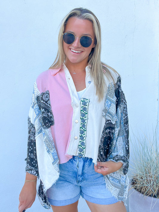 Boho Patchwork Top - Pink Denim