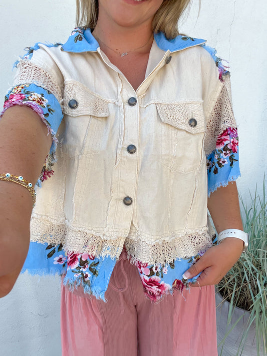 All The Details Denim Top - CREAM/BLUE