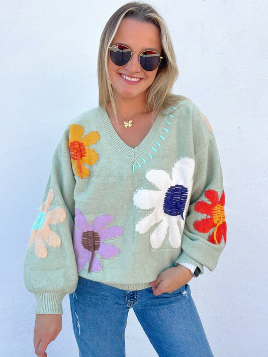 Flower Power Sweater - GREEN